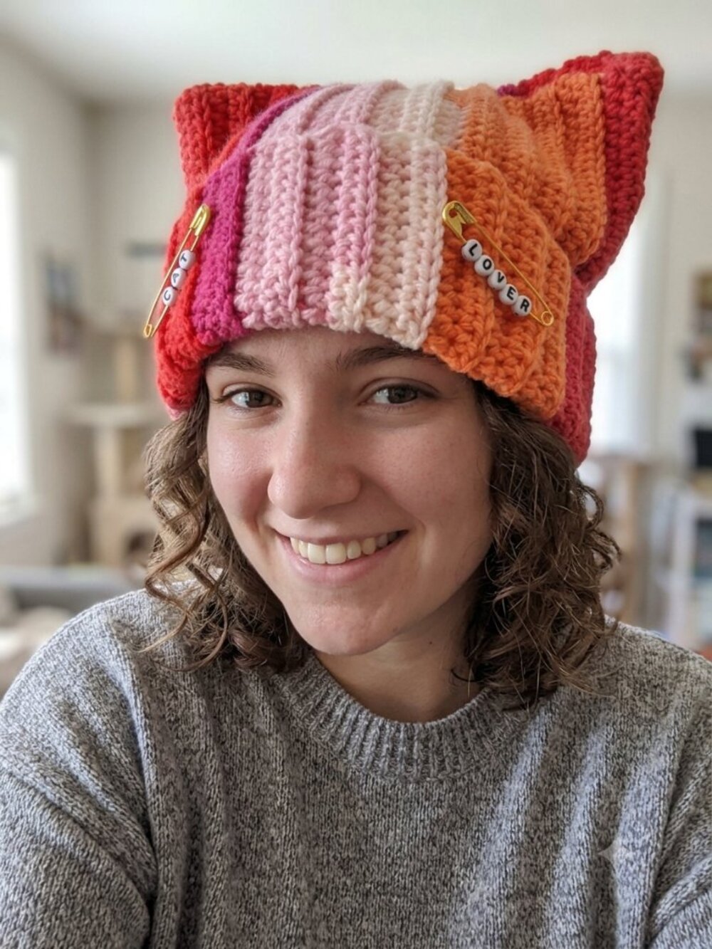 Handmade Crochet Cat Ear Beanie - CAT LOVER Safety Pin Striped Hat New